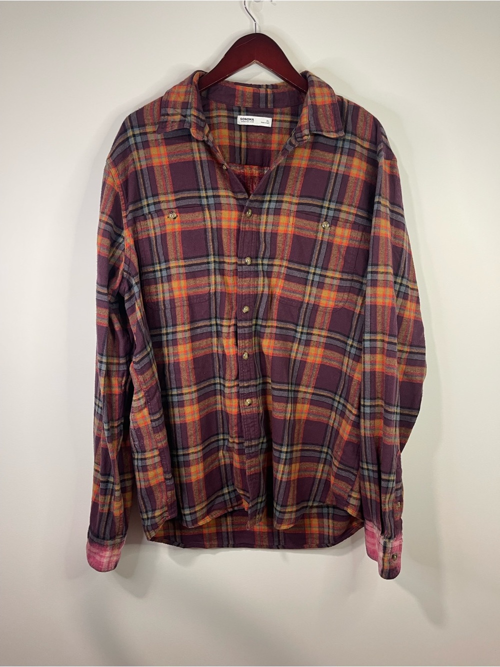 Sonoma Burgundy and Orange Plaid Button-Down Shirt with hocus-pocus on the back